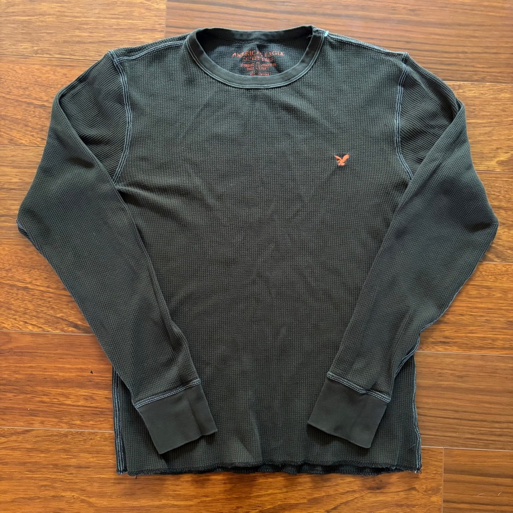 Y2K American Eagle Waffle Knit Thermal Long Sleeve Shirt Brown Eagle Logo S